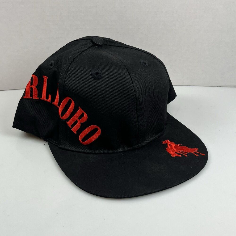 Vintage 1990s Marlboro Hat Black Red Snapback Cap Spellout